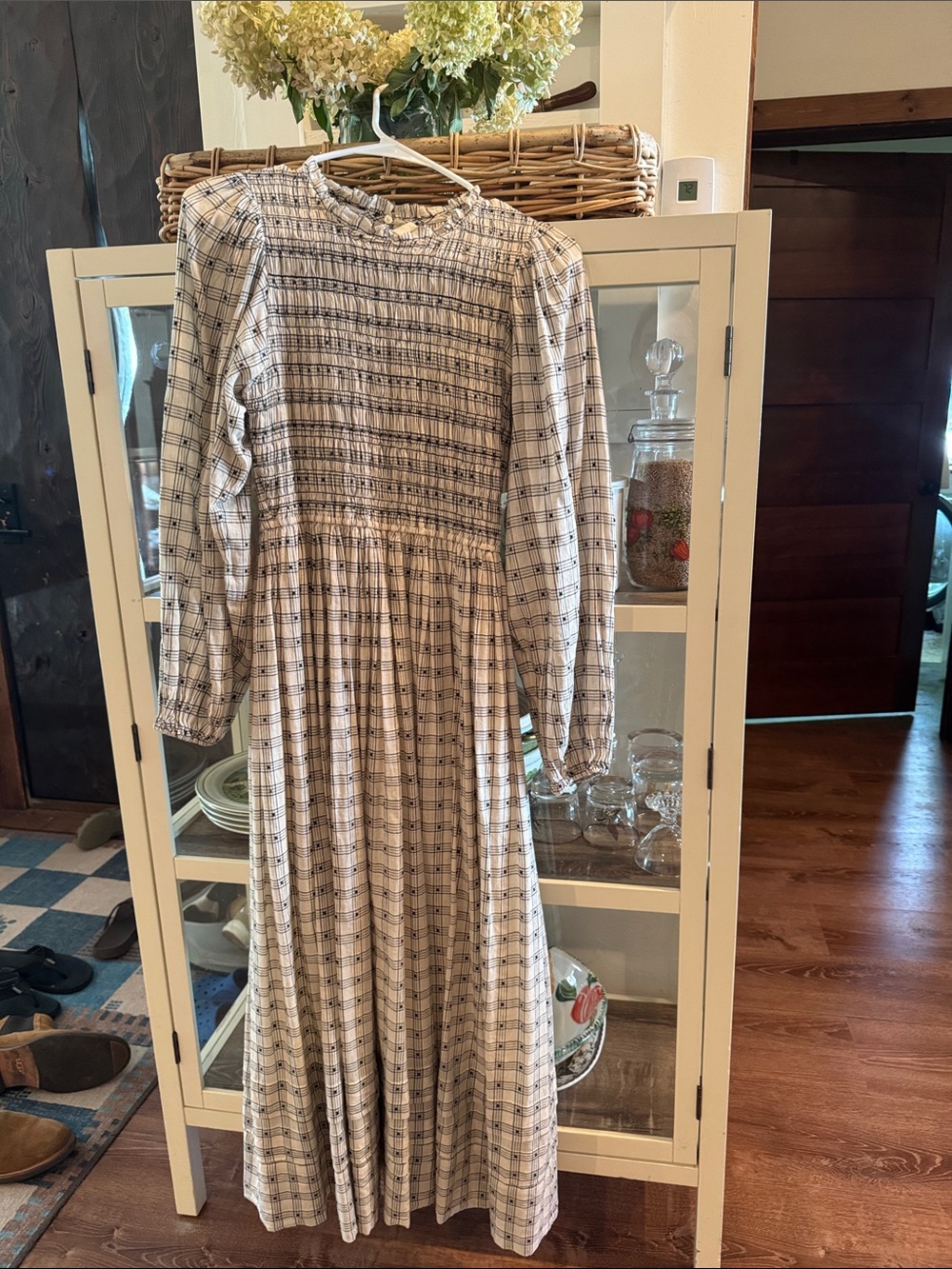 THE GREAT. Cream and Black Plaid Smocked Maxi Dress